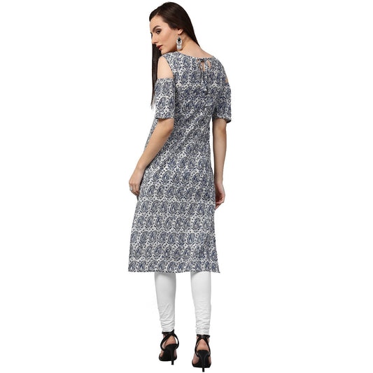 Blue Printed Half Sleeve Cold Shoulder Cotton Kurta | LASVINI - Redefining Indian Fashion with Elegance