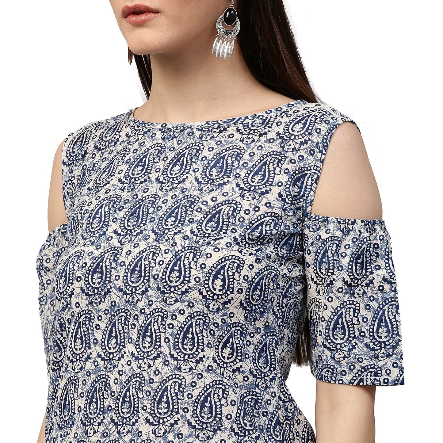 Blue Printed Half Sleeve Cold Shoulder Cotton Kurta | LASVINI - Redefining Indian Fashion with Elegance