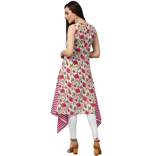 Pink Printed Sleeveless Cotton A-Line Kurta | LASVINI - Redefining Indian Fashion with Elegance