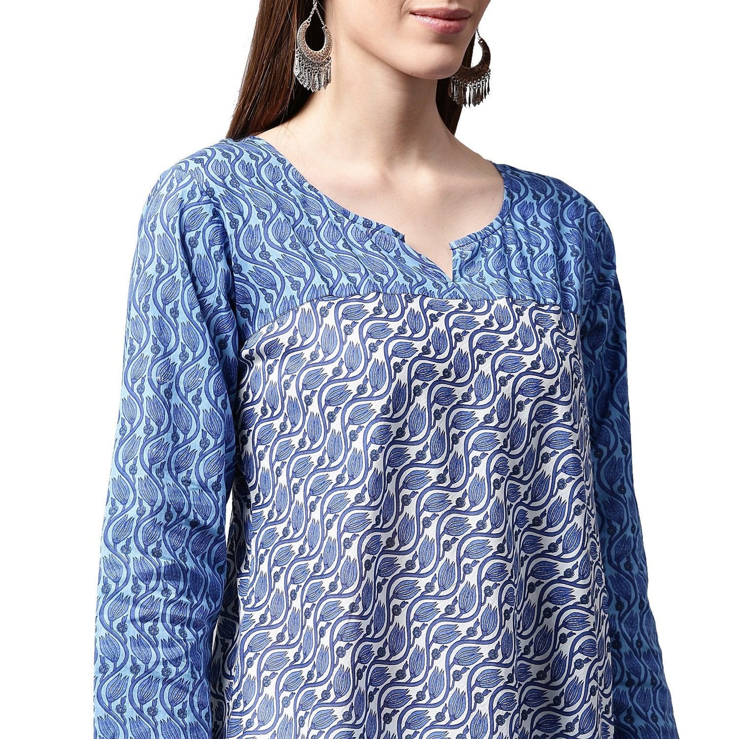 Blue Printed 3/4Th Sleeve Cotton A-Line Kurta | LASVINI - Redefining Indian Fashion with Elegance