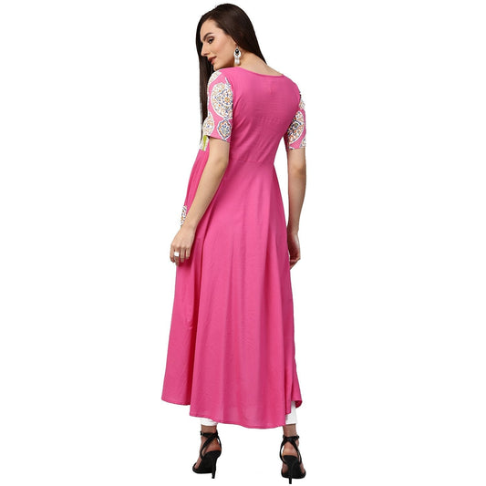 Pink Printed Half Sleeve Cotton Anarkali Kurta With Pocket | LASVINI - Redefining Indian Fashion with Elegance