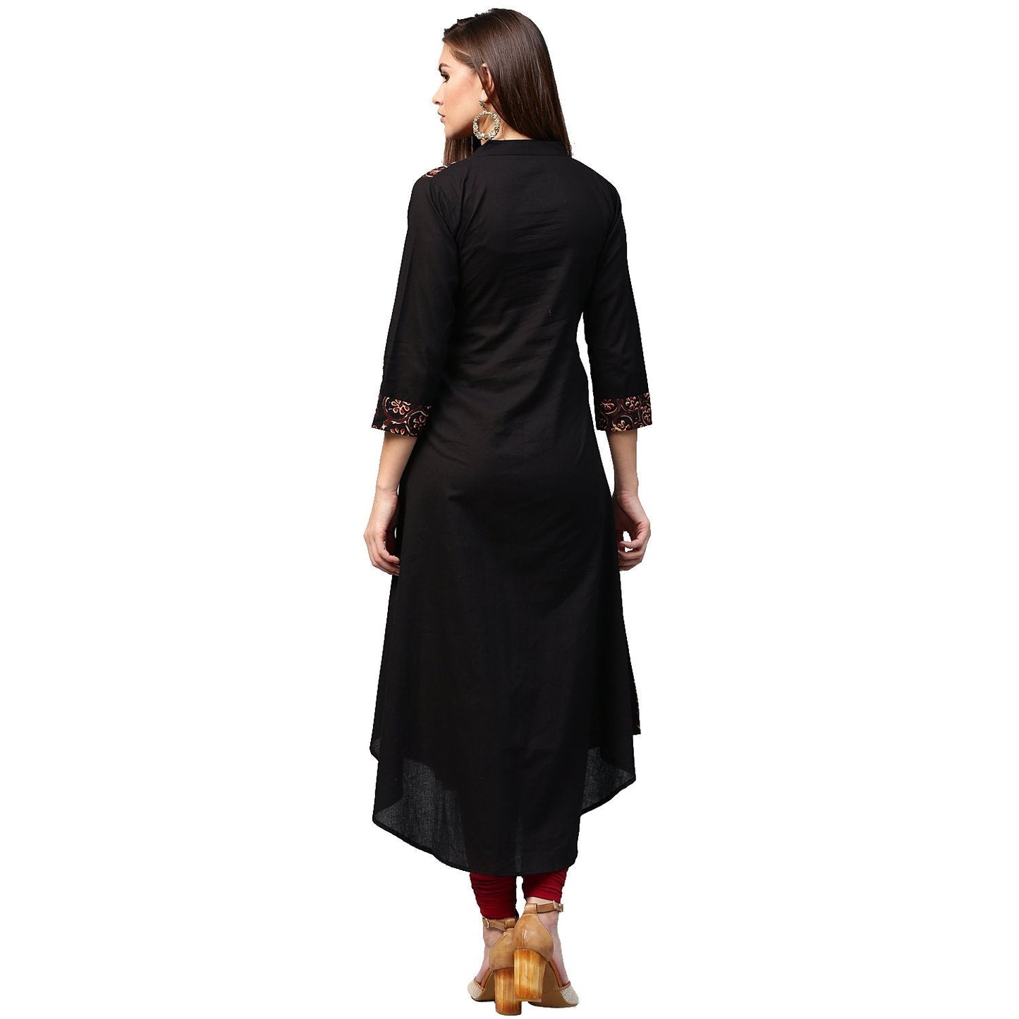 Black & Golden Printed 3/4Th Sleeve Cotton A-Line Kurta | LASVINI - Redefining Indian Fashion with Elegance