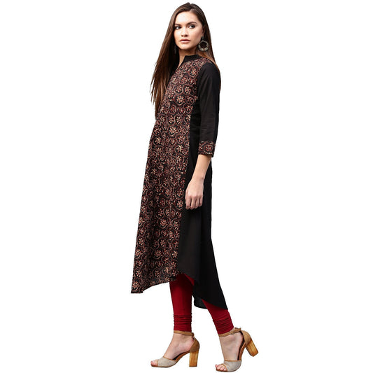 Black & Golden Printed 3/4Th Sleeve Cotton A-Line Kurta | LASVINI - Redefining Indian Fashion with Elegance
