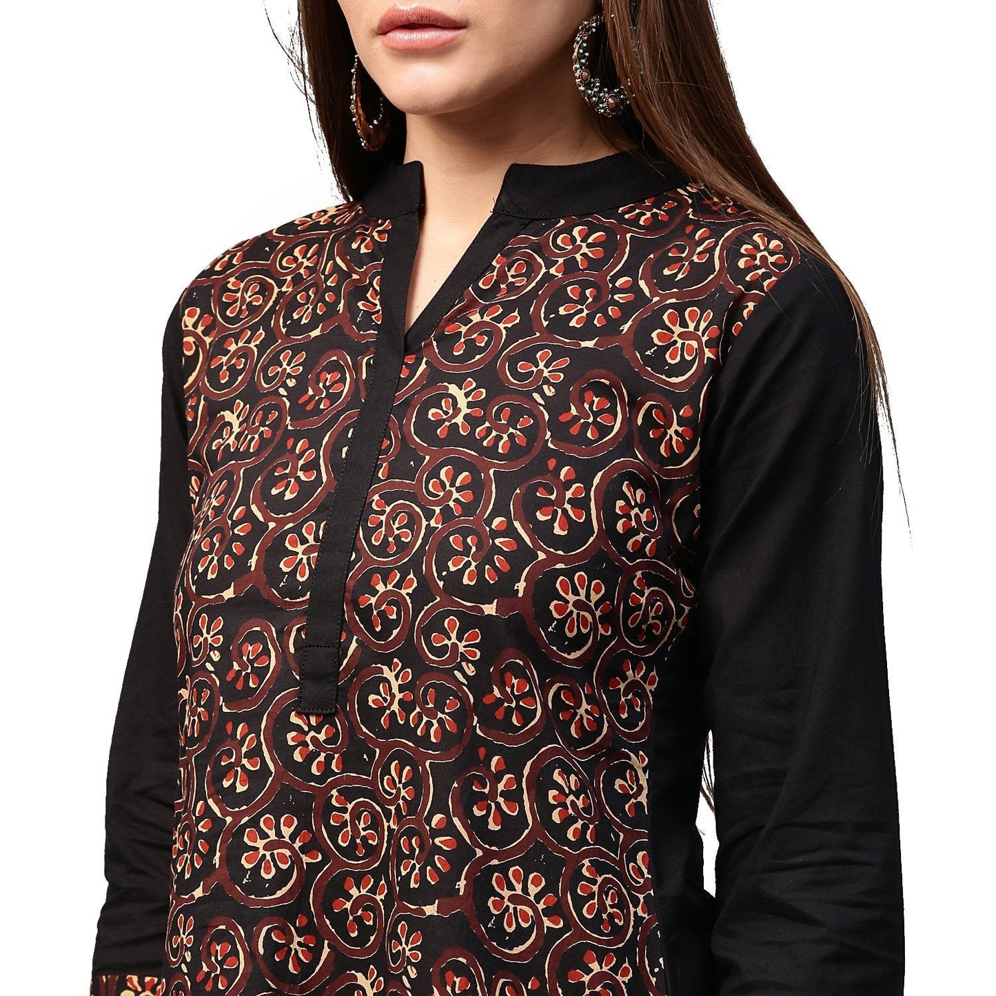 Black & Golden Printed 3/4Th Sleeve Cotton A-Line Kurta | LASVINI - Redefining Indian Fashion with Elegance