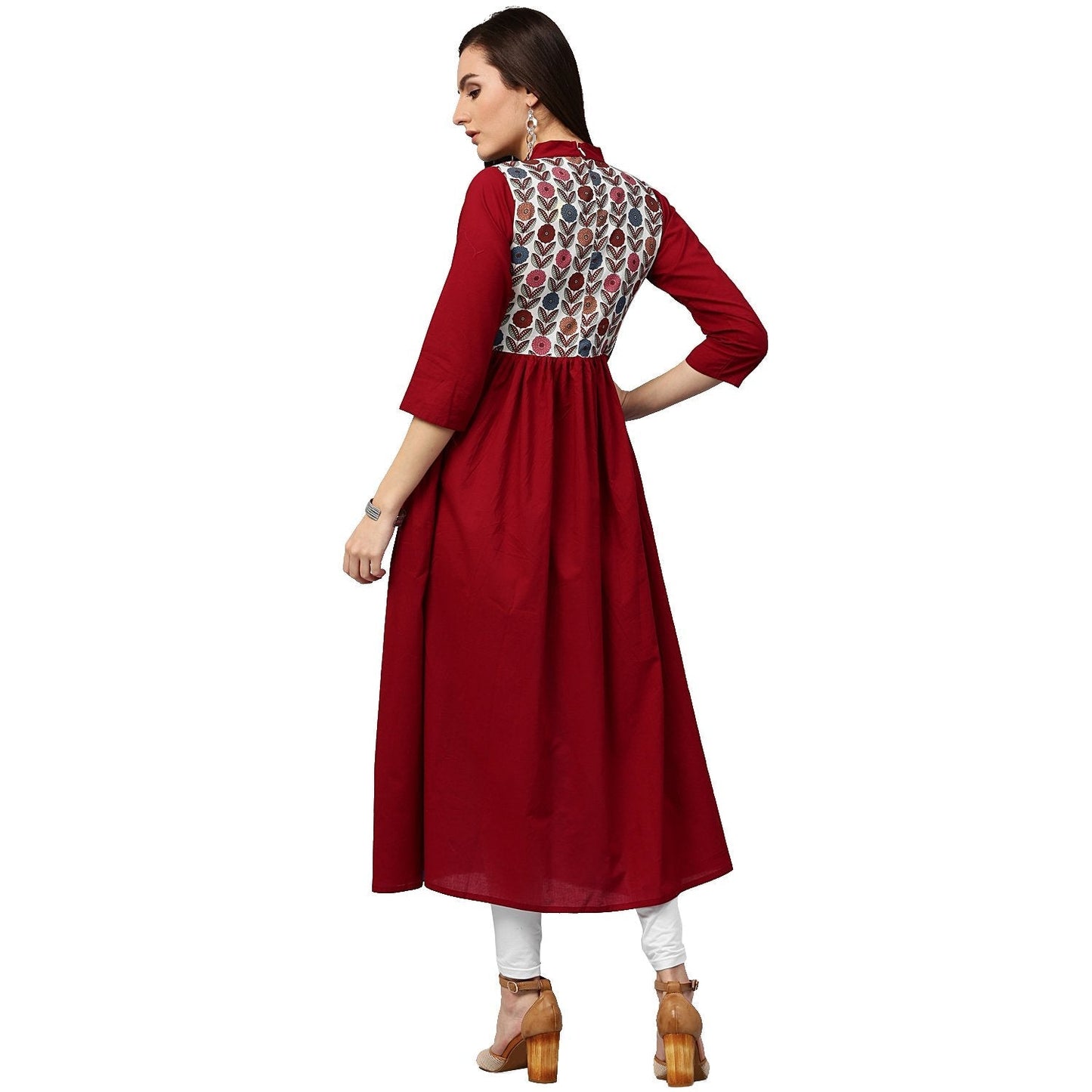 Maroon 3/4Th Sleeve Cotton Anarkali Kurta With Printed Yoke | LASVINI - Redefining Indian Fashion with Elegance