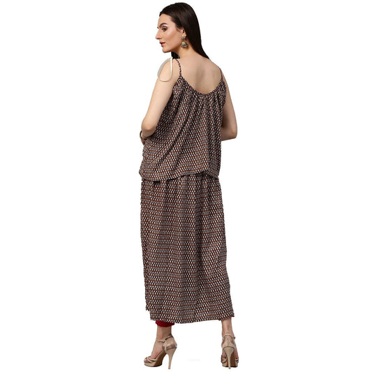 Coffee Brown Printed Sleeveless Cotton Anarkali Kurta | LASVINI - Redefining Indian Fashion with Elegance