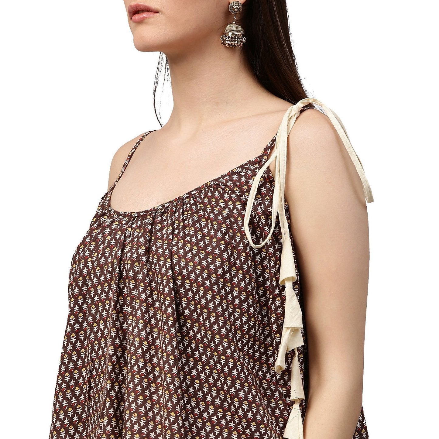 Coffee Brown Printed Sleeveless Cotton Anarkali Kurta | LASVINI - Redefining Indian Fashion with Elegance