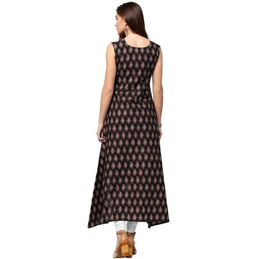 Black Printed Sleeveless Cotton A-Line Kurta | LASVINI - Redefining Indian Fashion with Elegance