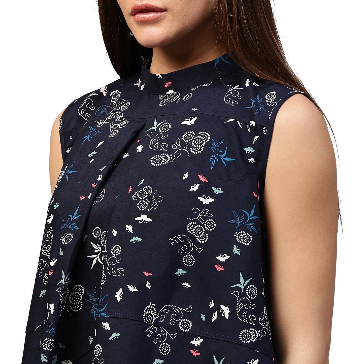 Navy Blue Printed Sleeveless Crepe Low High Tunics | LASVINI - Redefining Indian Fashion with Elegance