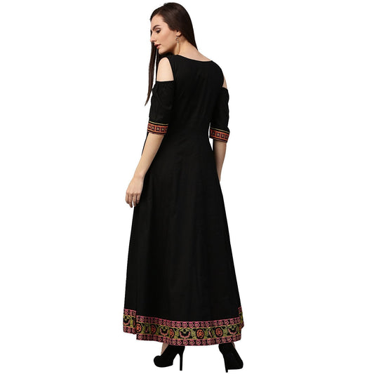 Black 3/4Th Sleeve Cold Shoulder Cotton Floor Length Anarkali Kurta | LASVINI - Redefining Indian Fashion with Elegance