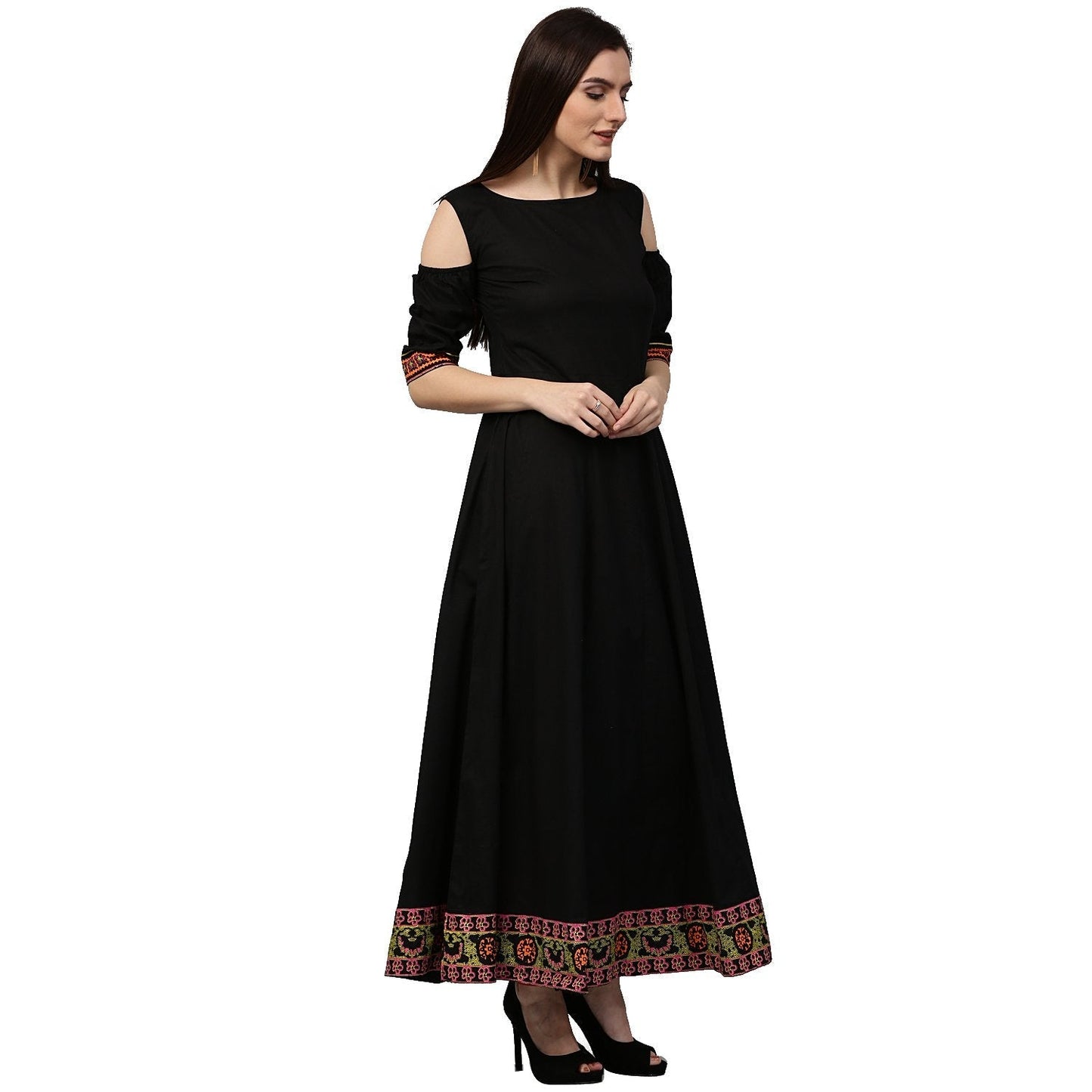Black 3/4Th Sleeve Cold Shoulder Cotton Floor Length Anarkali Kurta | LASVINI - Redefining Indian Fashion with Elegance