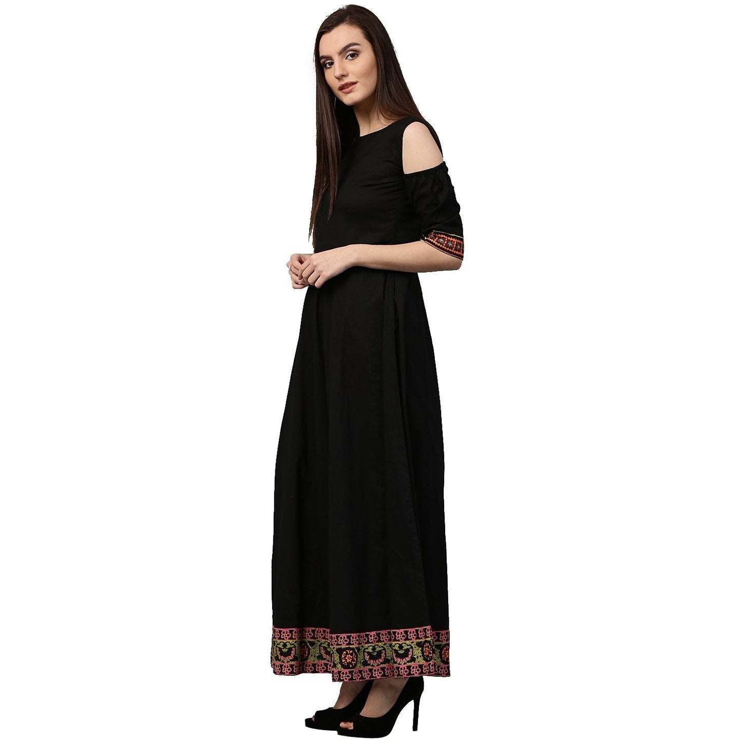 Black 3/4Th Sleeve Cold Shoulder Cotton Floor Length Anarkali Kurta | LASVINI - Redefining Indian Fashion with Elegance