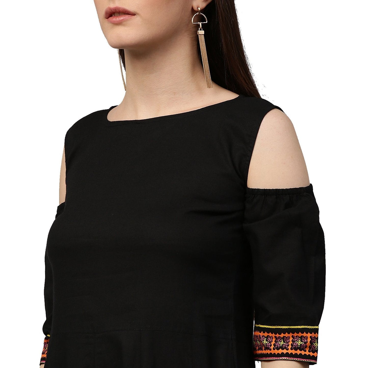 Black 3/4Th Sleeve Cold Shoulder Cotton Floor Length Anarkali Kurta | LASVINI - Redefining Indian Fashion with Elegance