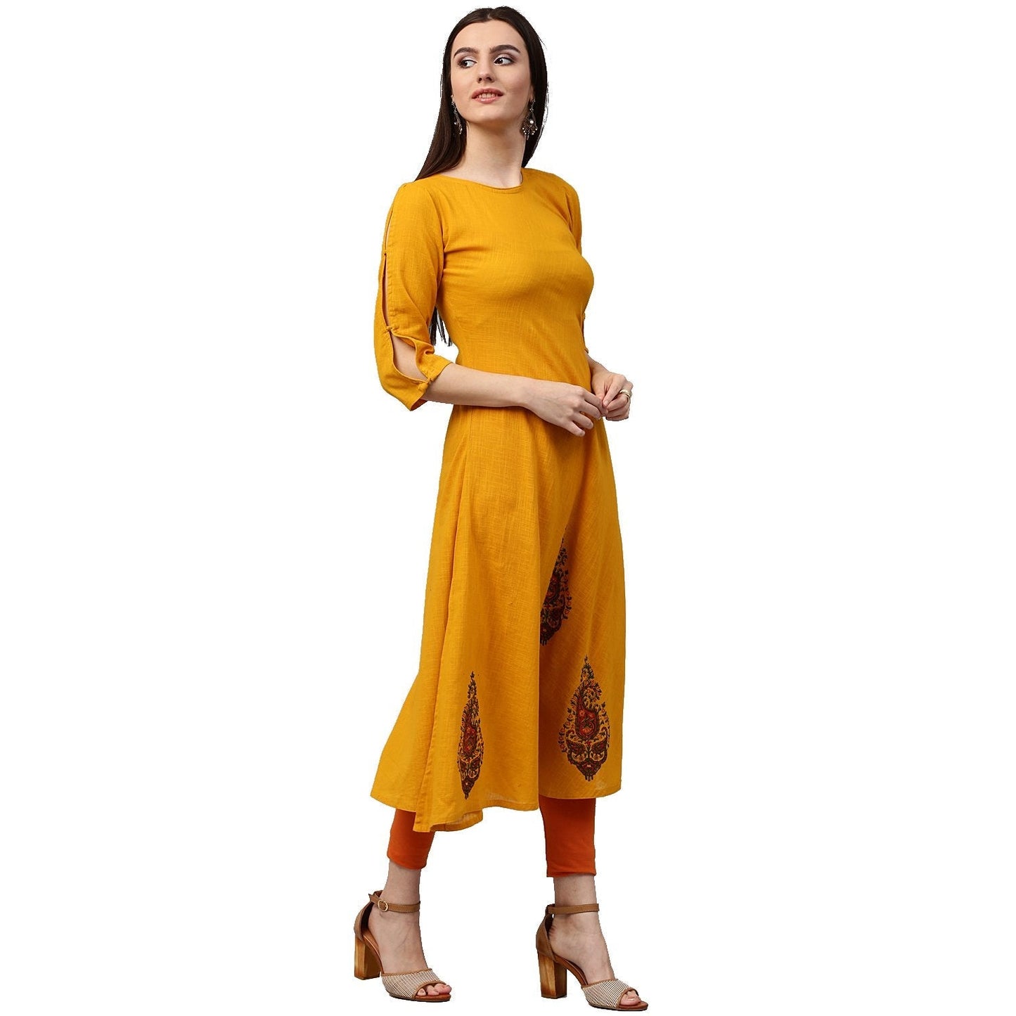 Yellow Block Printed 3/4Th Sleeve Cotton A-Line Kurta | LASVINI - Redefining Indian Fashion with Elegance