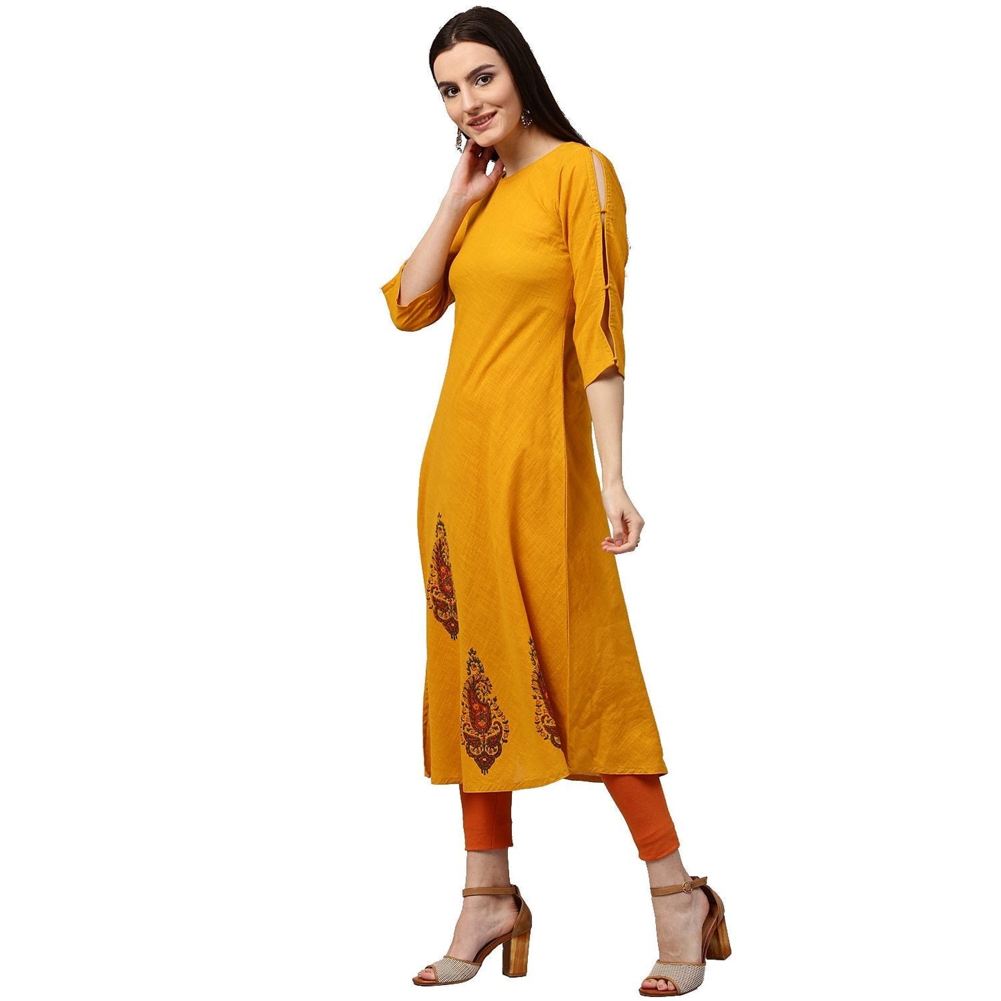 Yellow Block Printed 3/4Th Sleeve Cotton A-Line Kurta | LASVINI - Redefining Indian Fashion with Elegance