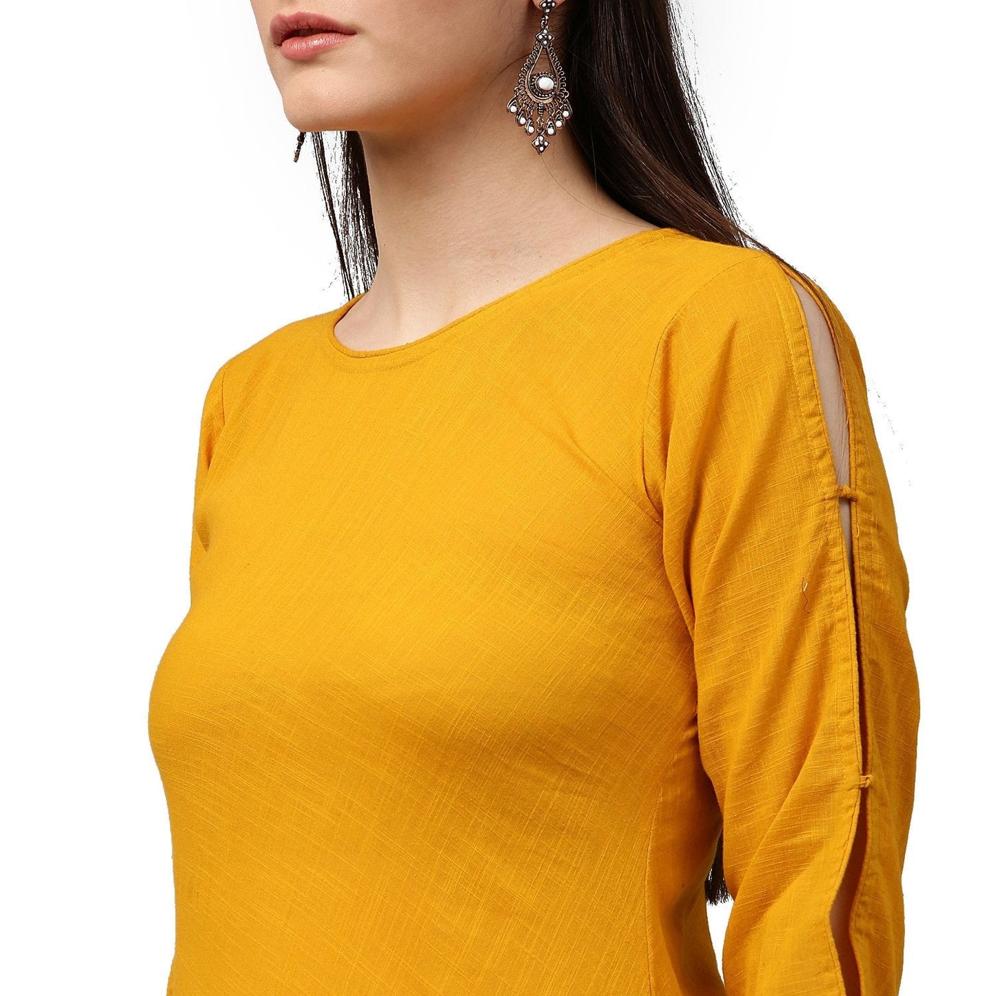 Yellow Block Printed 3/4Th Sleeve Cotton A-Line Kurta | LASVINI - Redefining Indian Fashion with Elegance