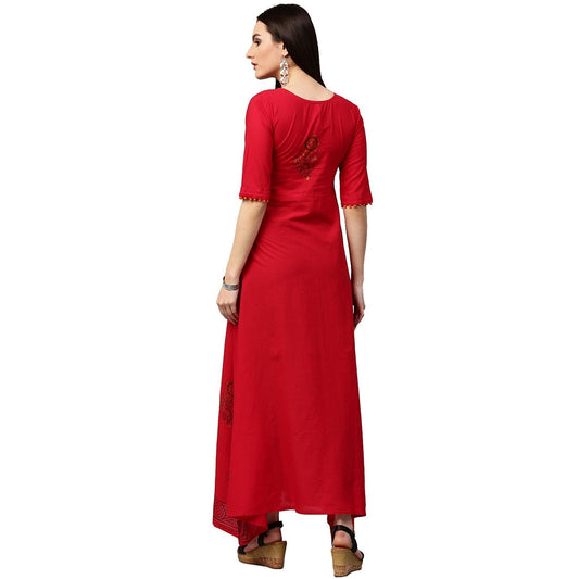 Red Block Print Half Sleeve Cotton A-Line Kurta | LASVINI - Redefining Indian Fashion with Elegance