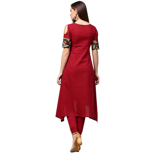 Maroon Printed Half Sleeve Cotton Kurta | LASVINI - Redefining Indian Fashion with Elegance