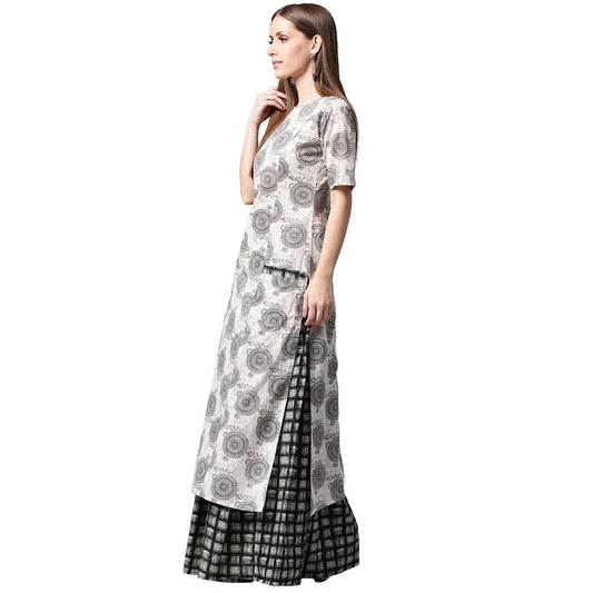Grey Printed Half Sleeve Cotton Kurta With Black Printed Skirt | LASVINI - Redefining Indian Fashion with Elegance