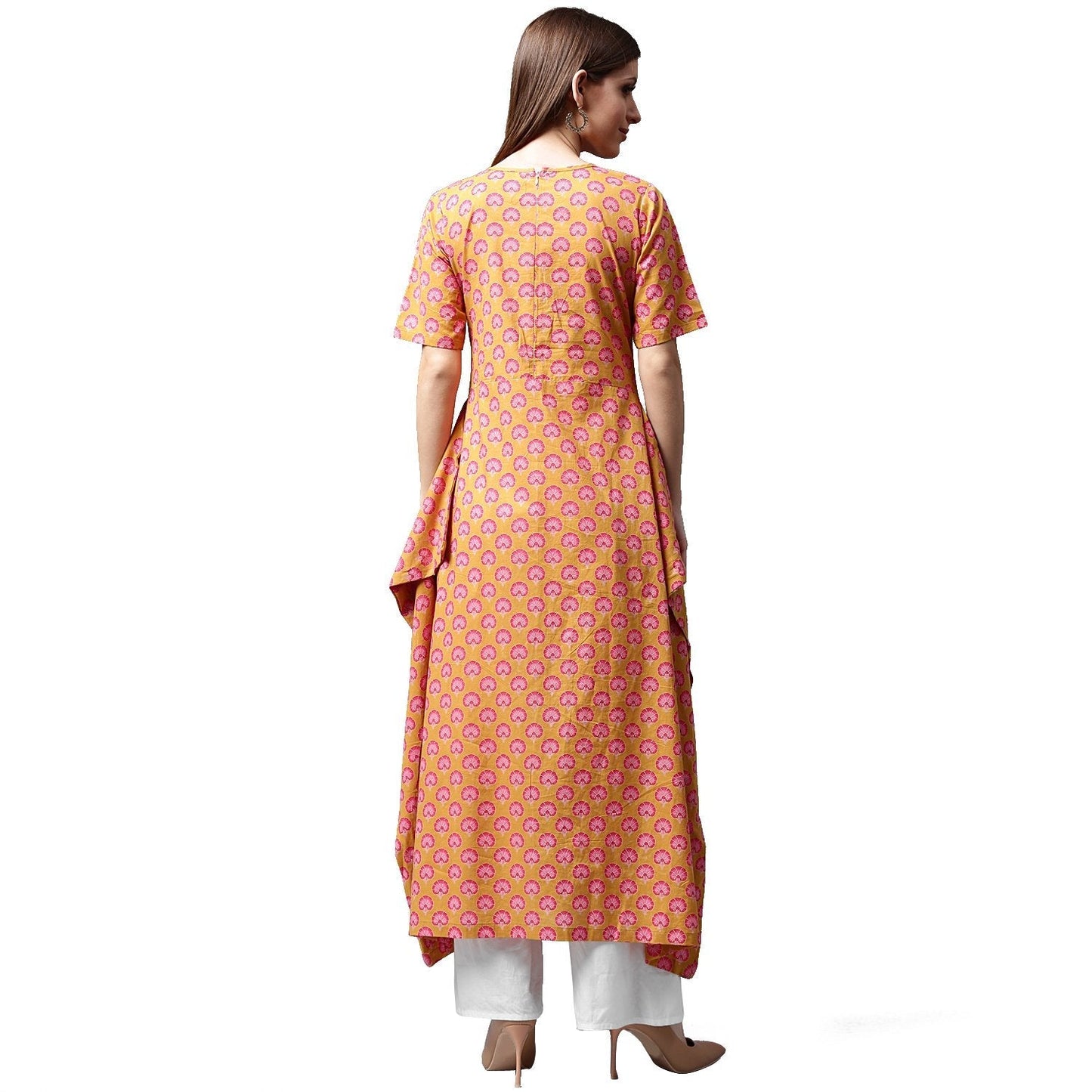 Yellow Printed Half Sleeve Cotton A-Line Kurta | LASVINI - Redefining Indian Fashion with Elegance