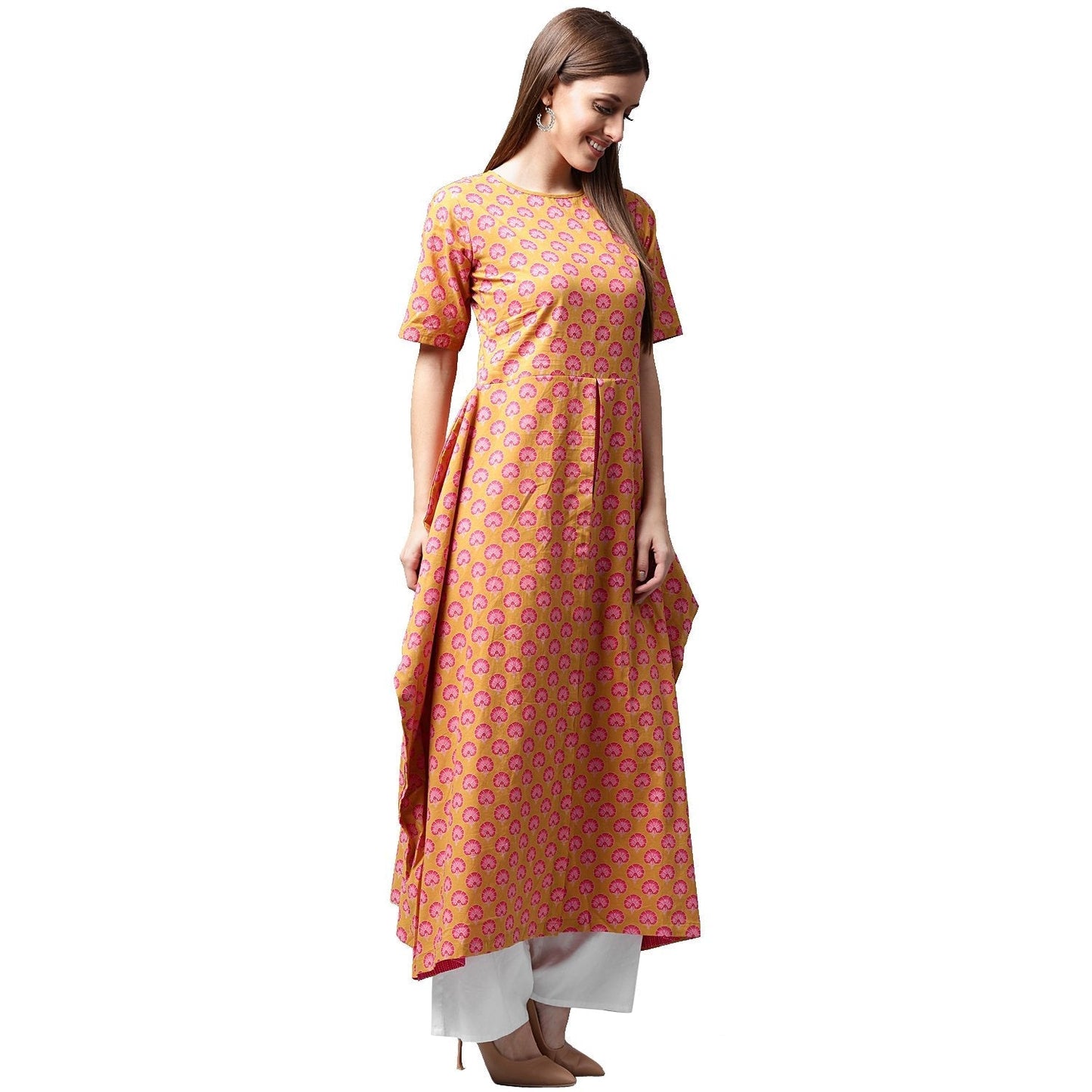 Yellow Printed Half Sleeve Cotton A-Line Kurta | LASVINI - Redefining Indian Fashion with Elegance