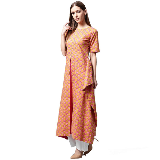 Yellow Printed Half Sleeve Cotton A-Line Kurta | LASVINI - Redefining Indian Fashion with Elegance