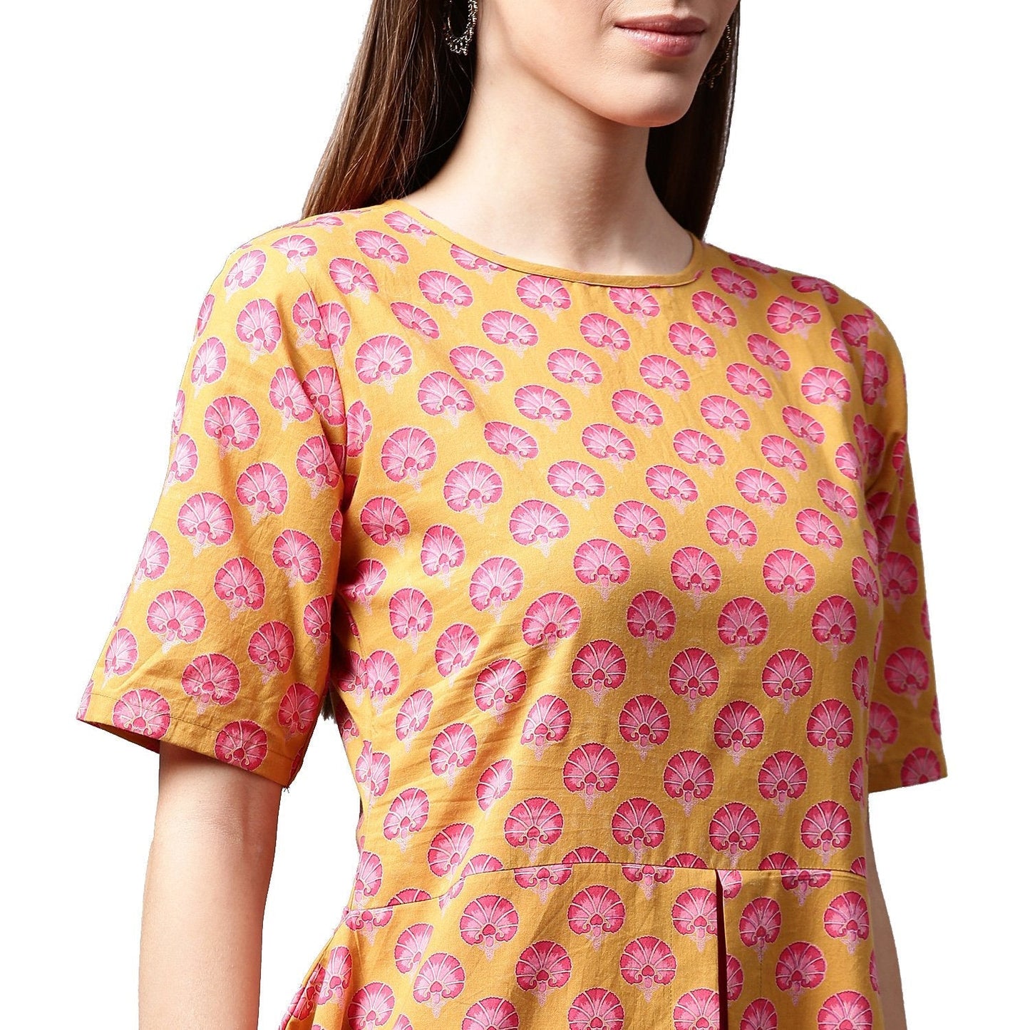 Yellow Printed Half Sleeve Cotton A-Line Kurta | LASVINI - Redefining Indian Fashion with Elegance