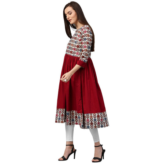Maroon Printed 3/4Th Sleeve Cotton Anarkali Kurta | LASVINI - Redefining Indian Fashion with Elegance