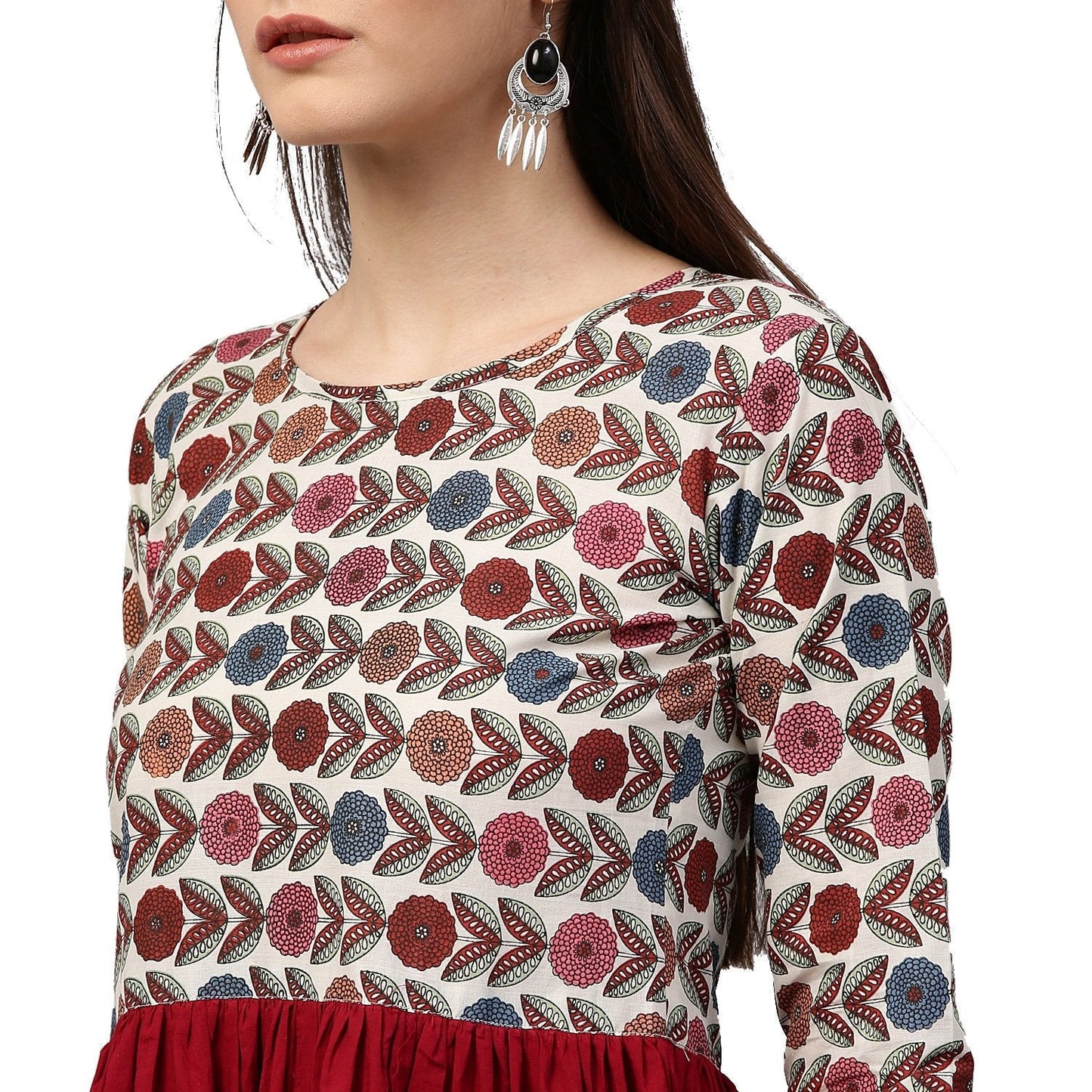 Maroon Printed 3/4Th Sleeve Cotton Anarkali Kurta | LASVINI - Redefining Indian Fashion with Elegance