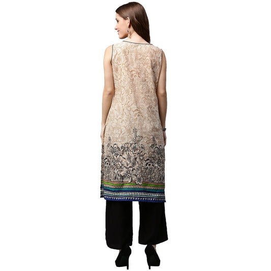 Off White Printed Sleeveless Cotton Kurta | LASVINI - Redefining Indian Fashion with Elegance