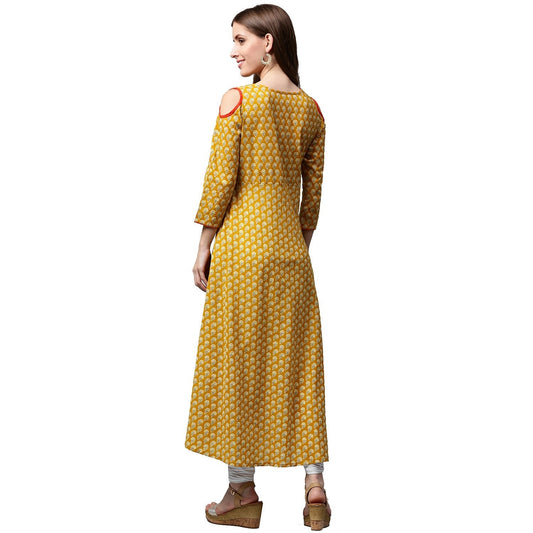 Yellow Printed 3/4Th Sleeve Cold Shoulder Cotton Anarkali Kurta | LASVINI - Redefining Indian Fashion with Elegance