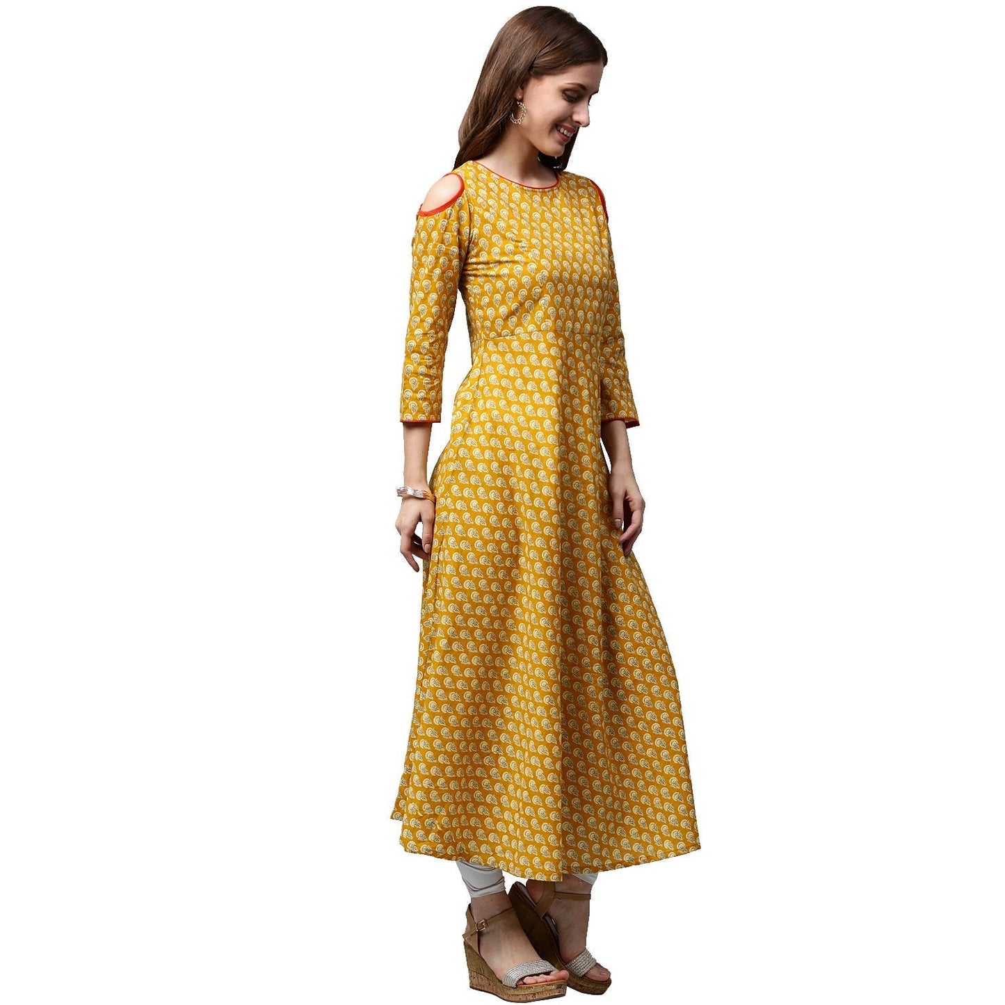 Yellow Printed 3/4Th Sleeve Cold Shoulder Cotton Anarkali Kurta | LASVINI - Redefining Indian Fashion with Elegance