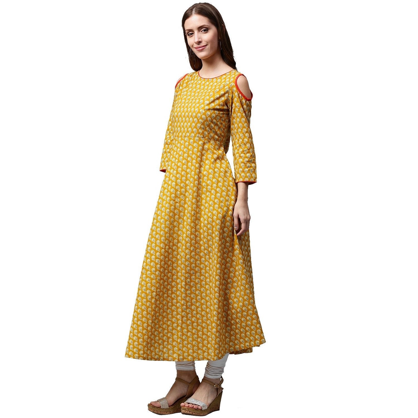 Yellow Printed 3/4Th Sleeve Cold Shoulder Cotton Anarkali Kurta | LASVINI - Redefining Indian Fashion with Elegance