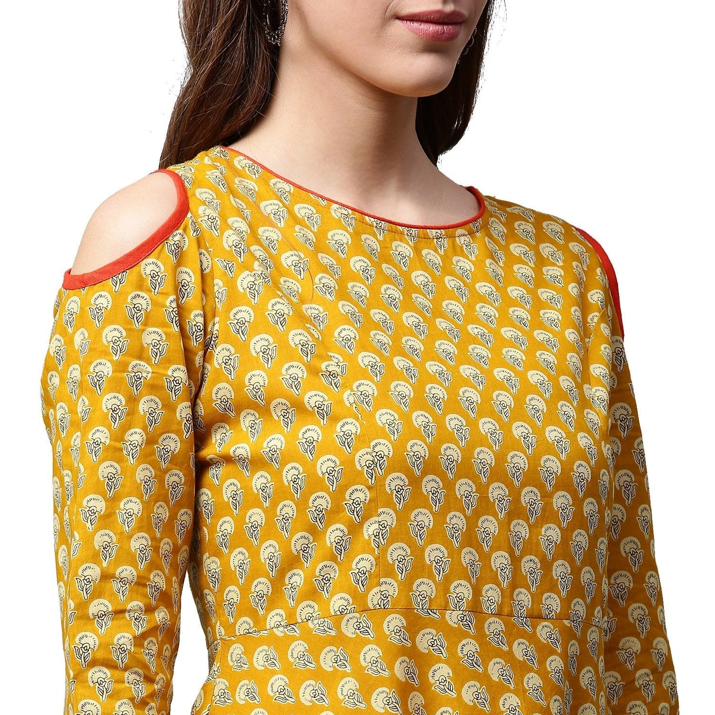 Yellow Printed 3/4Th Sleeve Cold Shoulder Cotton Anarkali Kurta | LASVINI - Redefining Indian Fashion with Elegance