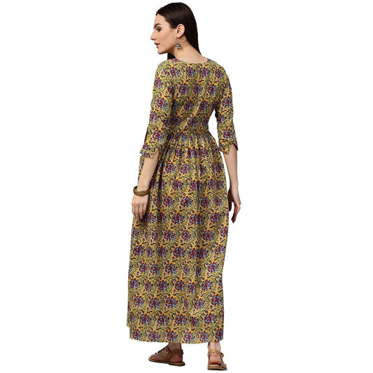 Yellow Printed 3/4Th Sleeve Cotton Anarkali Kurta | LASVINI - Redefining Indian Fashion with Elegance