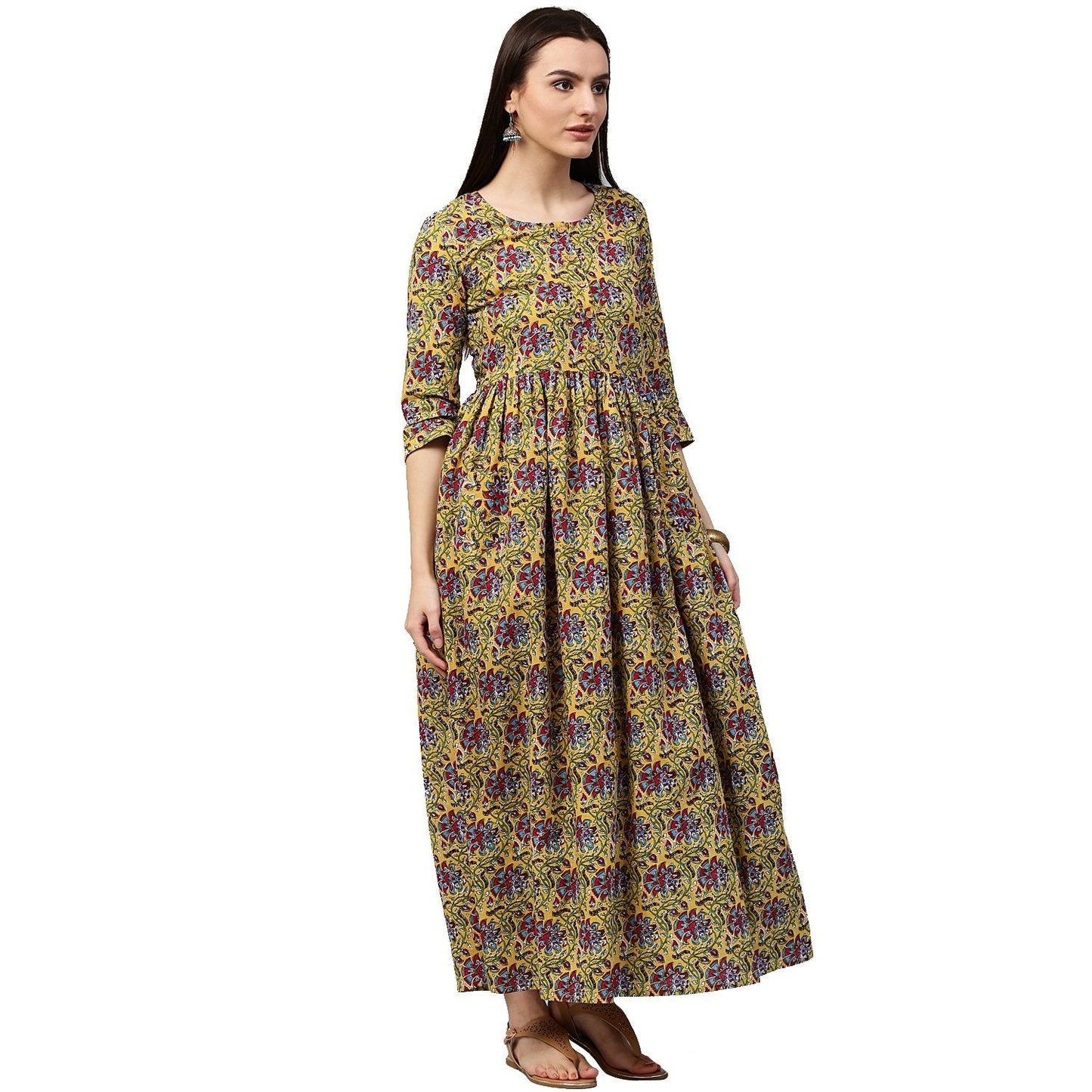 Yellow Printed 3/4Th Sleeve Cotton Anarkali Kurta | LASVINI - Redefining Indian Fashion with Elegance