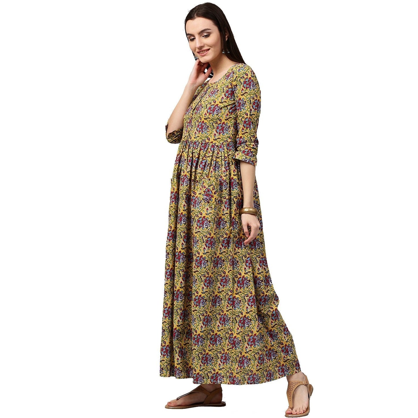 Yellow Printed 3/4Th Sleeve Cotton Anarkali Kurta | LASVINI - Redefining Indian Fashion with Elegance