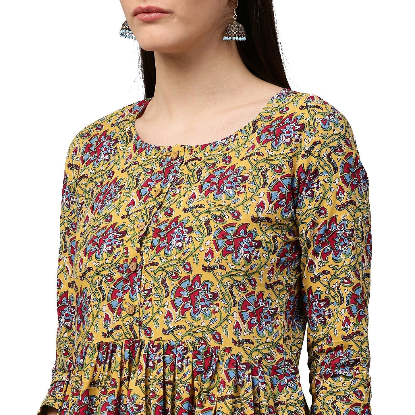 Yellow Printed 3/4Th Sleeve Cotton Anarkali Kurta | LASVINI - Redefining Indian Fashion with Elegance