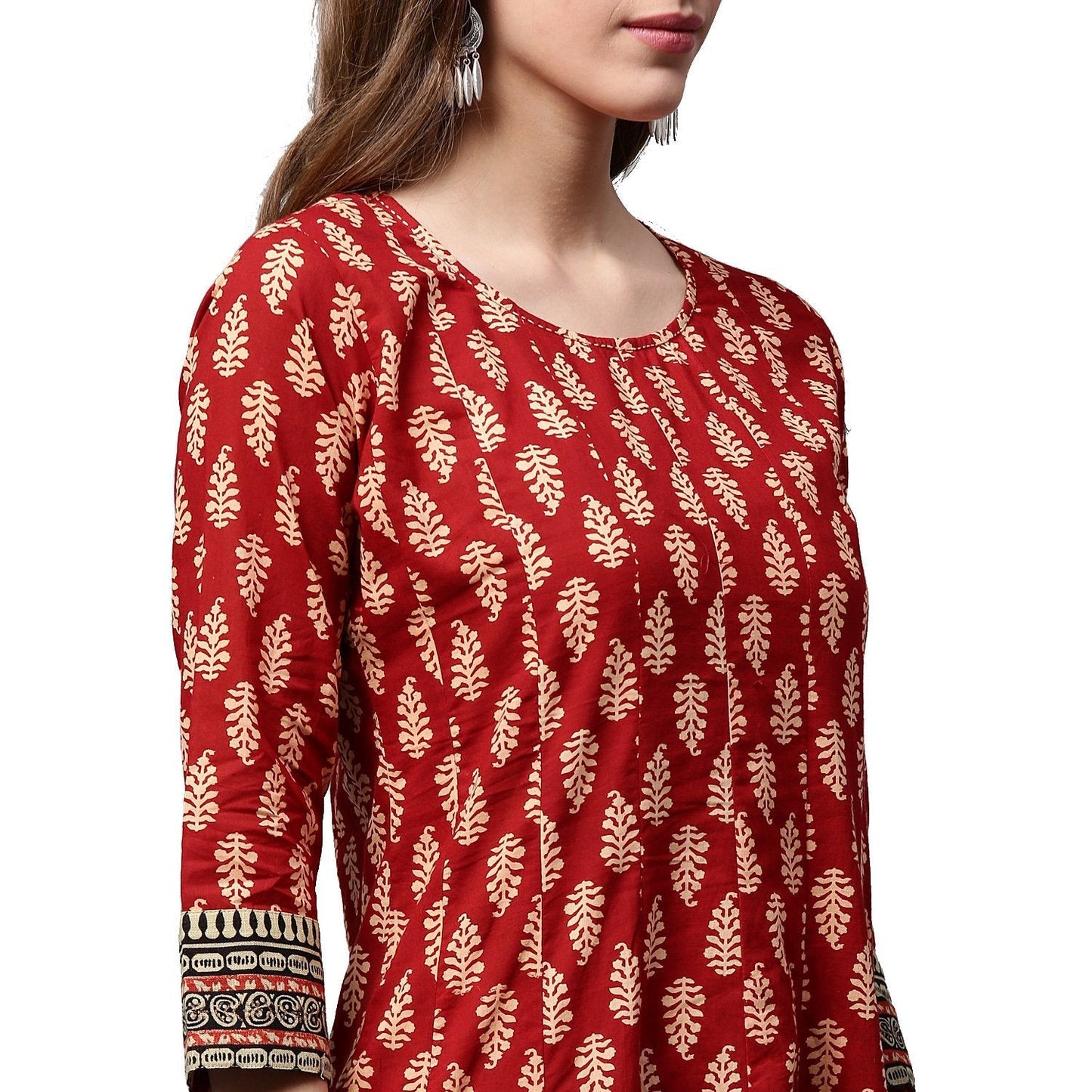 Red Printed 3/4Th Sleeve Cotton Long Anarkali Kurta | LASVINI - Redefining Indian Fashion with Elegance
