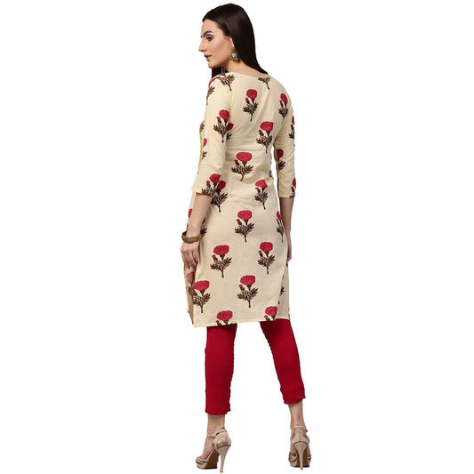Yellow Flower Printed 3/4Th Sleeve Cotton Kurta | LASVINI - Redefining Indian Fashion with Elegance