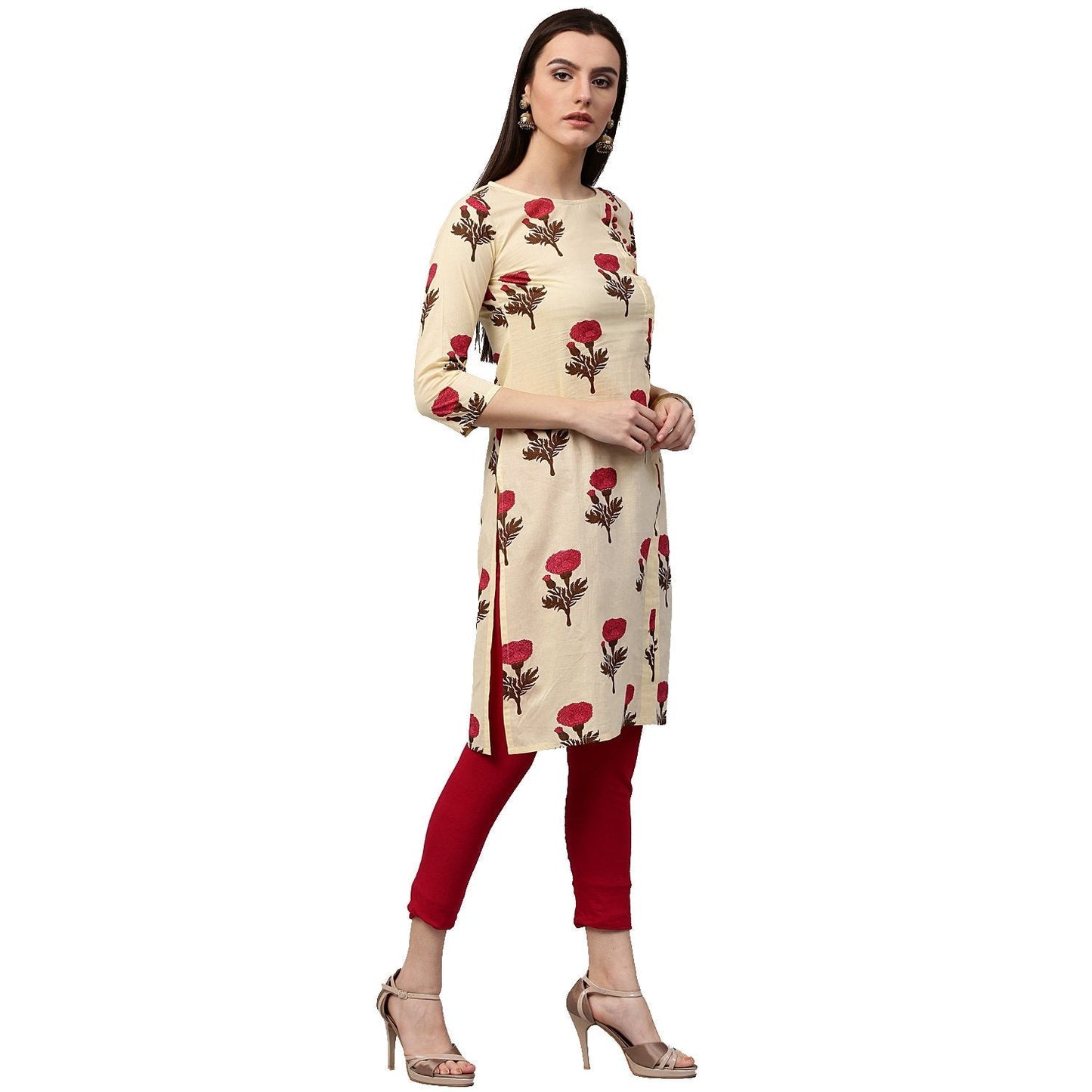 Yellow Flower Printed 3/4Th Sleeve Cotton Kurta | LASVINI - Redefining Indian Fashion with Elegance