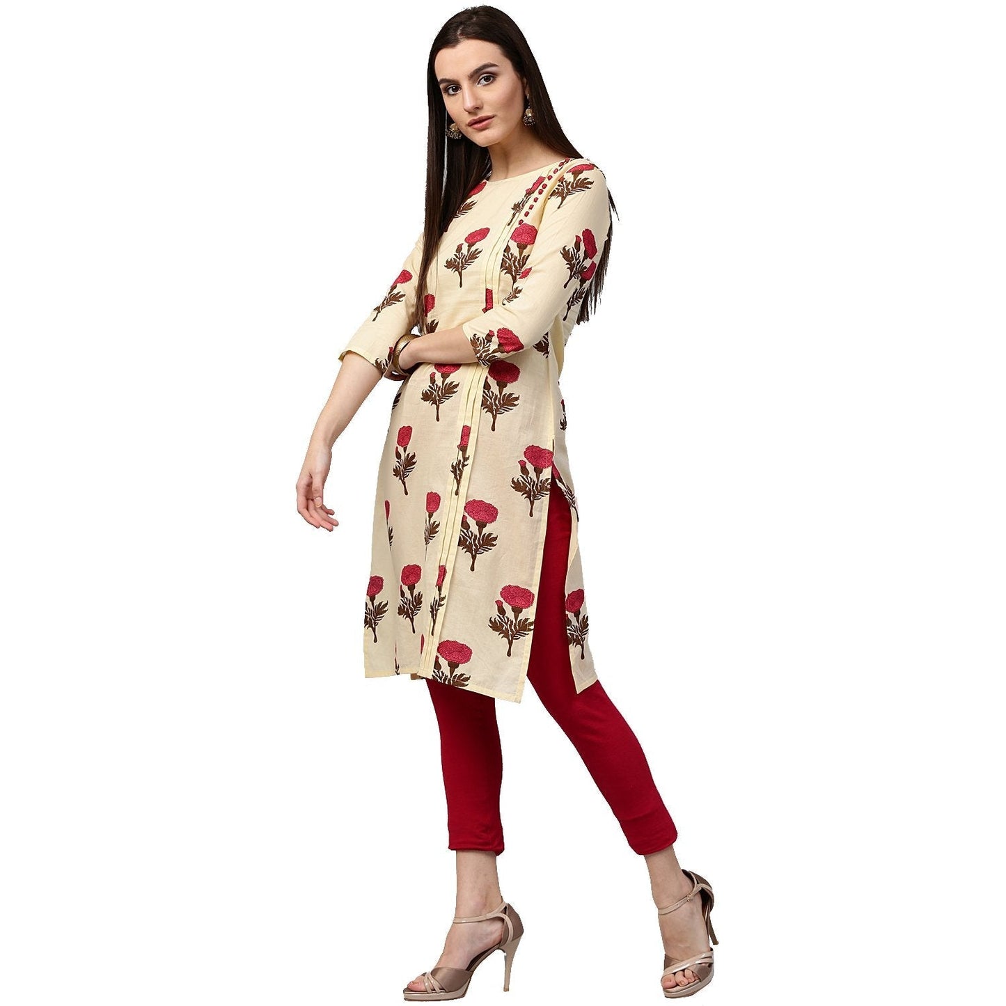 Yellow Flower Printed 3/4Th Sleeve Cotton Kurta | LASVINI - Redefining Indian Fashion with Elegance