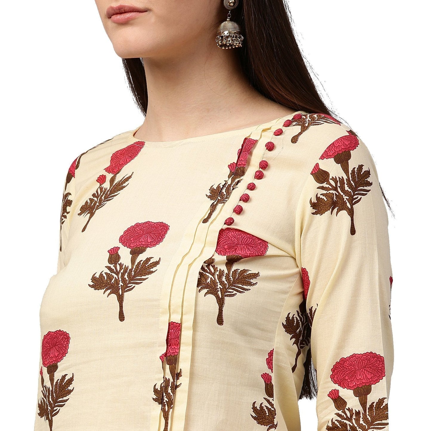Yellow Flower Printed 3/4Th Sleeve Cotton Kurta | LASVINI - Redefining Indian Fashion with Elegance