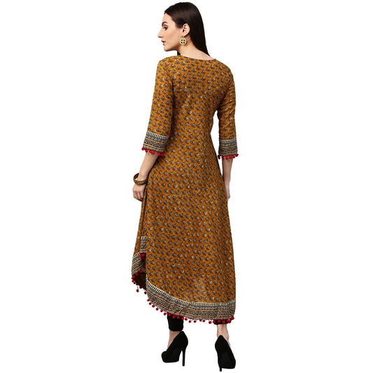 Yellow Printed 3/4Th Sleeve Assymetric Cotton Anarkali Kurta | LASVINI - Redefining Indian Fashion with Elegance