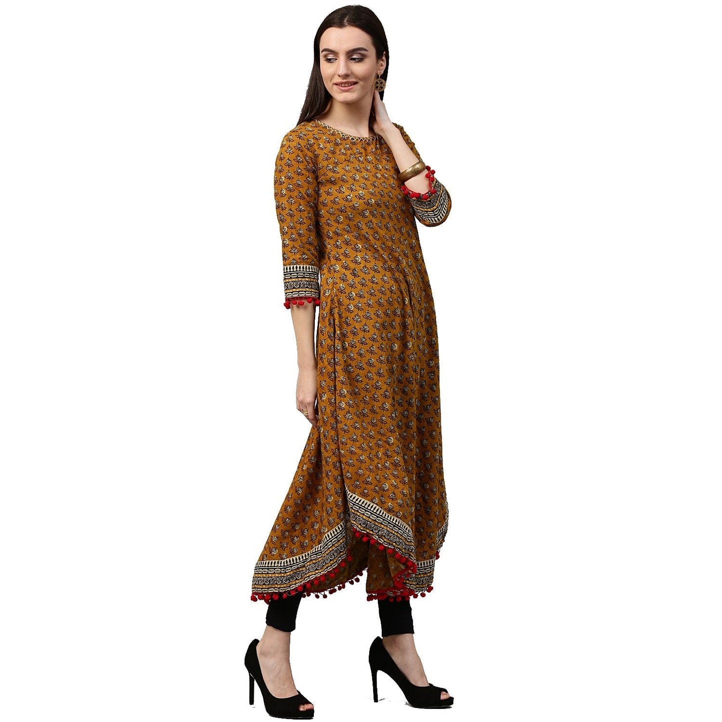 Yellow Printed 3/4Th Sleeve Assymetric Cotton Anarkali Kurta | LASVINI - Redefining Indian Fashion with Elegance