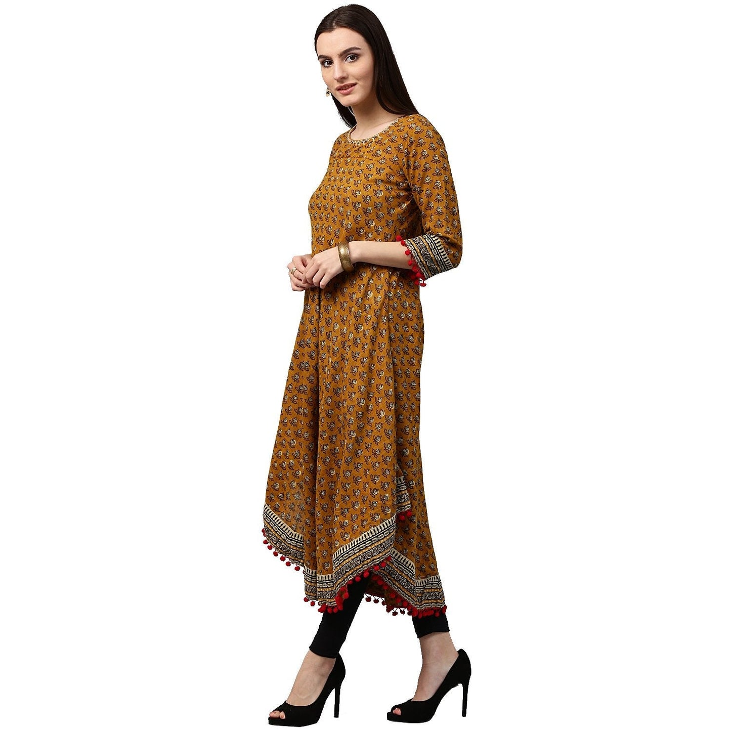 Yellow Printed 3/4Th Sleeve Assymetric Cotton Anarkali Kurta | LASVINI - Redefining Indian Fashion with Elegance
