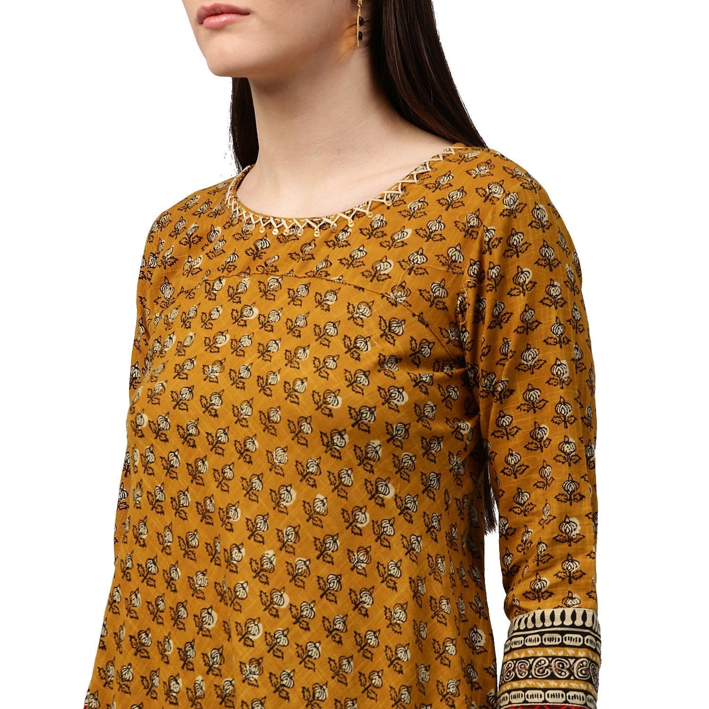 Yellow Printed 3/4Th Sleeve Assymetric Cotton Anarkali Kurta | LASVINI - Redefining Indian Fashion with Elegance