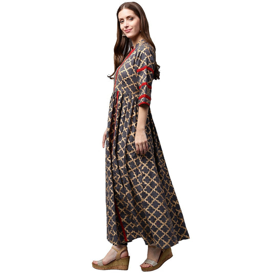Grey Printed 3/4Th Sleeve Cotton Anarkali Kurta | LASVINI - Redefining Indian Fashion with Elegance