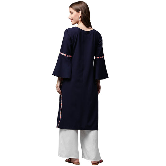 Navy Blue 3/4Th Sleeve Crepe Kurta With Dori Work At Yoke | LASVINI - Redefining Indian Fashion with Elegance