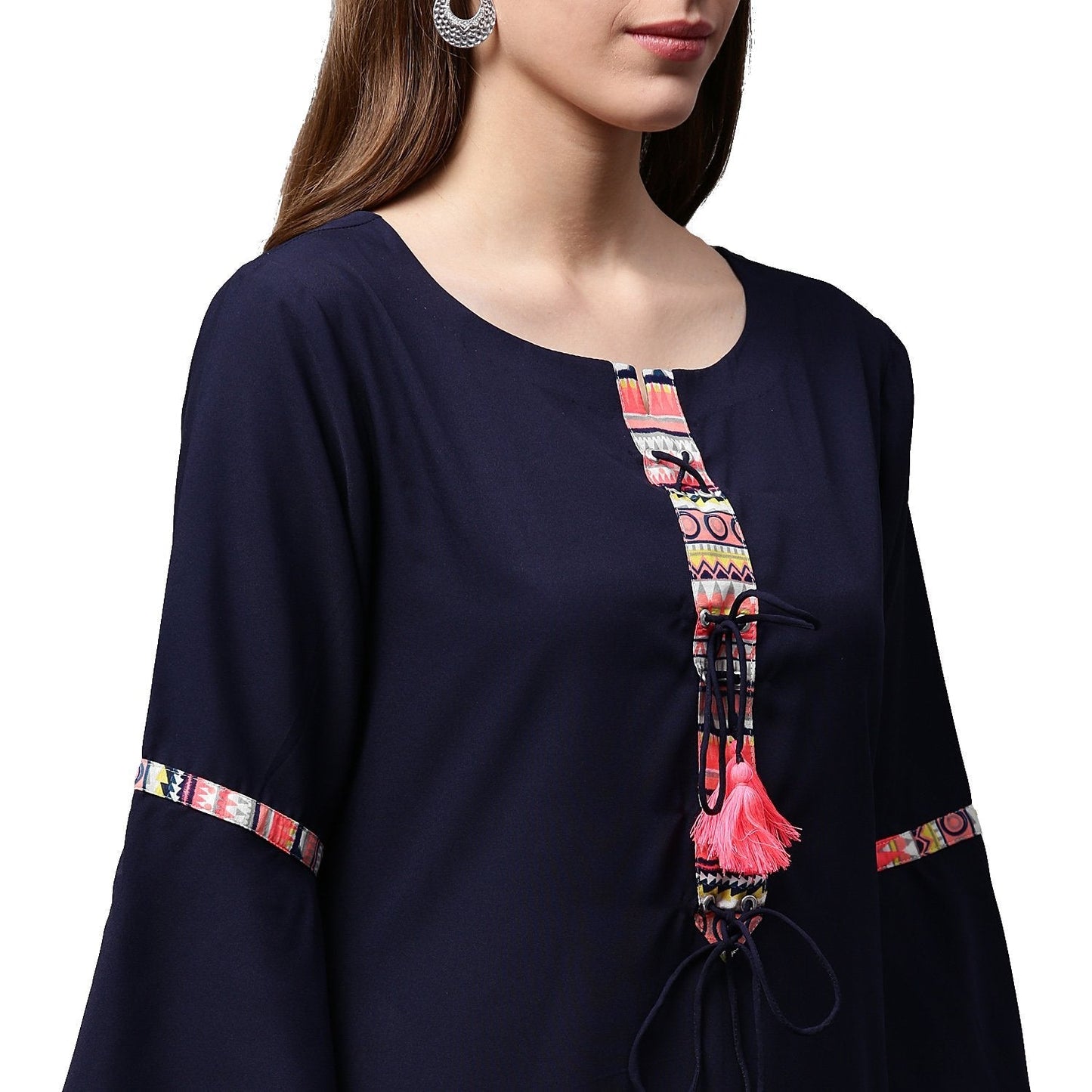 Navy Blue 3/4Th Sleeve Crepe Kurta With Dori Work At Yoke | LASVINI - Redefining Indian Fashion with Elegance